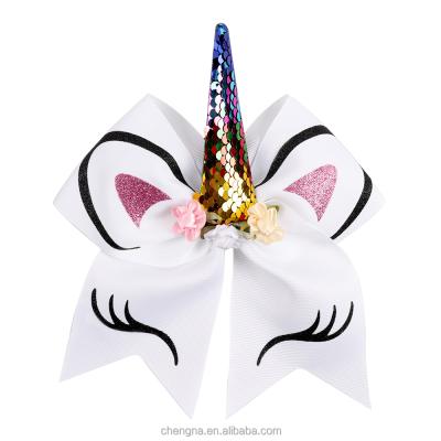 China Soft Hot Selling Sequin Unicorn Cheer Bow With Elastic Large Sunshine Cheer Bow for sale