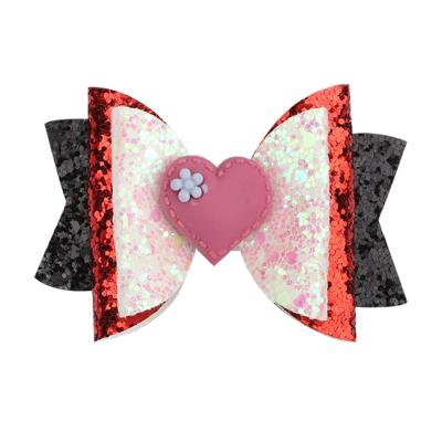 China 3 Inch Glitter Valentine Print Heart Sequin Sweet Cute Hair Clip With Bows Hair Accessories For Girls Kids Hair Bow for sale