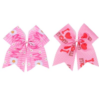 China Sporty Mom's Mini Happy Mother's Day 1st Printed Ribbon Hair Bows For Daughter Cheerleading Mom Mother's Day Cheer Bow for sale