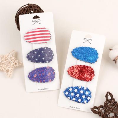 China 4th Party American Flag Leather Hair Barrette 3pcs/set Accessories Patriotic Sparkly Glitter Baby Hair Clips Of July Breakup Hair Clips for sale