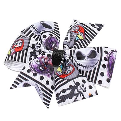 China Hair Accessories Handmade Cute Printed Halloween Skeleton Hairpin Grosgrain Ribbon Bow Hair Accessories 4 Inch For Baby Kids Girls Hair Clips for sale