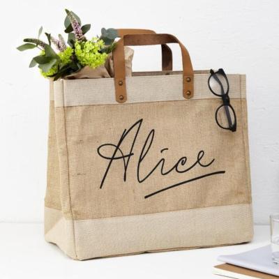 China Cheap Custom Handled Printed Eco Shopping Organic Large Reusable Tote Burlap Jute Bag With Leather Handles for sale