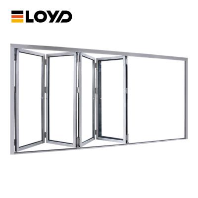 China Impact aluminium patio deuren Glas Buiten Bifold vouw volledig geglazuurd Te koop