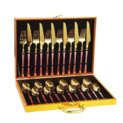 China Sustainable Luxury PVD Coating 24pcs Stainless Steel Flatware Knife Spoon Fork Set In Wooden Box for sale