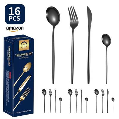 China Sustainable 410 Stainless Steel Portuguese Steak Cutlery Set Metal Mirror Black Dinnerware 16Pcs for sale