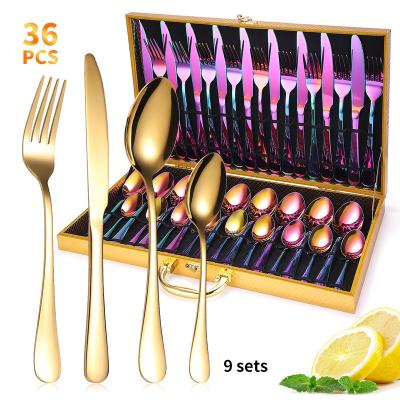 China Viable Gold Wood Box of Competitive Price Knife and Fork Spoon Set Western Flatware 36pcs Set for sale