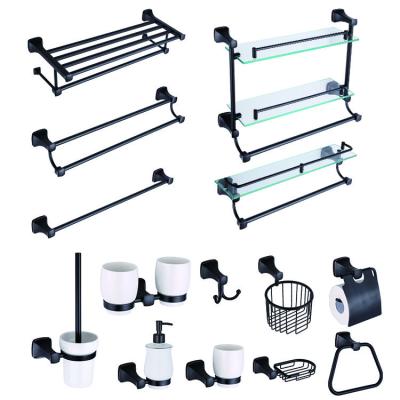 China Modern Zinc Alloy Bathroom Accessories Wholesale Modern Hotel Family Black Chrome Plated Towel Bar Set for sale