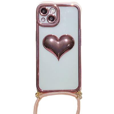 China Waterproof Cute Cartoon Heart Shape Thin Soft Flexible TPU Transparent Cross - Body Lanyard Mobile Phone Bags Cases For iPhone 13 Pro Max for sale