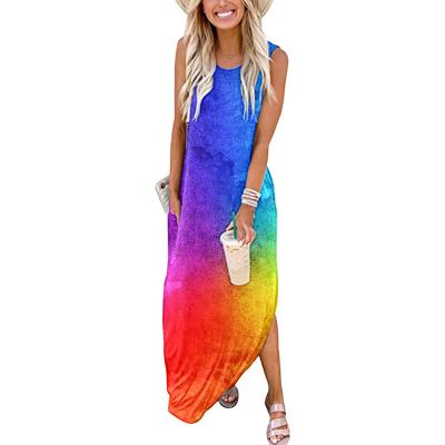 China Beautiful New Viable 2022 Summer Fashion Elegant Casual Floral Print O Neck Sleeveless Women Beach Long Dresses With Pocket for sale