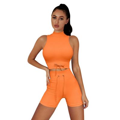 China Drawstring Gym Wear Ribbed Comfortable Seamless Breathable Seamless Design Women Fitness Suit Yoga Vest Shorts Set for sale