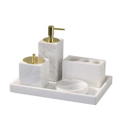 China Viable Natural Marble Bathroom Accessories Set Shower Gel Bottle Toothbrush Holder Soap Mat Cotton Swab Box Bathroom Set for sale