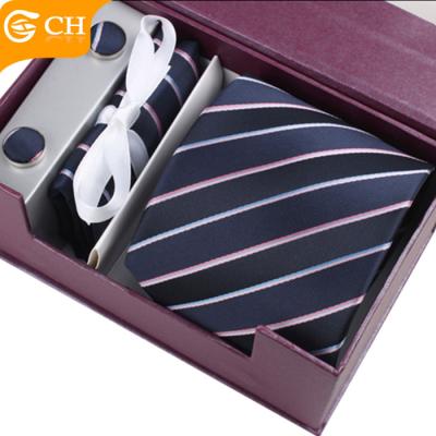 China Custom Stripe Mens Striped Polyester Tie And Pocket Square Gift Box Set Necktie for sale