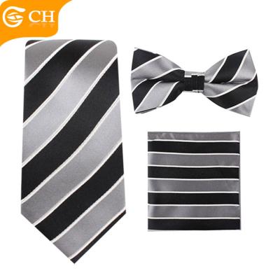 China Custom Wholesale Black Stripe Gray Stripe Men Silk Pocket Square and Tie Set for sale