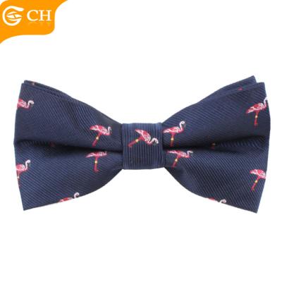 China Custom Popular Flamingo Flamingo Pattern Polyester Yarn-Dyed Navy Blue Mens Bow Tie for sale