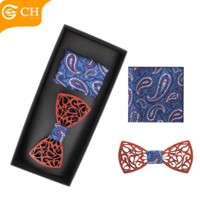 China Custom Personalization Polyester Paisley Handkerchief And Wooden Bow Tie Gift Box Sets For Men for sale