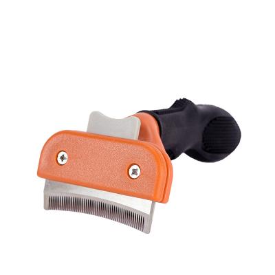 China Viable Cat Fur Remover Grooming Deshedding Blade Brush With Stainless Self Button Dog Trimmer Comb Shedding Hair Cleaning Tool for sale