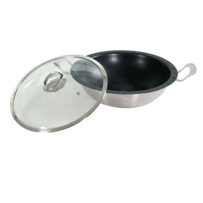 China Viable Round Non-Stick Wok Burner Induktion Bottom Coating Wok Pan Set With Glass Lid for sale