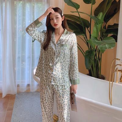 China Women's PJ Two Piece Sets Long Sleeves Satin Pajamas Breathable Classic Silky Leopard Sleepwear for sale