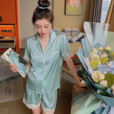 China Breathable Short Sleeve Lace Ice Silk Summer Satin Pajamas Sets for sale