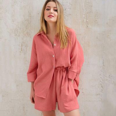 China Anti-pilling women's casual outfits 2 piece tracksuit cotton shirt cardigan full elastic waist lounge shorts set for sale