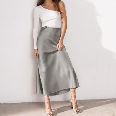 China 2022 Summer Solid Satin Skirt Anti-static Silk Women High Waisted Long Elegant Ladies Midi Office Skirts for sale