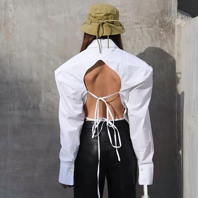 China OEM Ladies Anti-pilling Sexy Women's Backless Blouse And Shirts Plain Long Sleeve Custom Wholesale Cotton White Blouses for sale