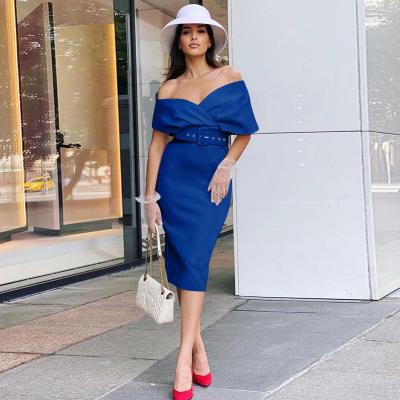 China Anti-wrinkle fashion dress elegant chic ladies off the shoulder dress women knee-length vestidos pencil dresses for sale