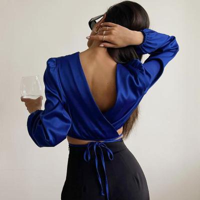 China Satin Tops Crew Neck Bandage Backless Crop Summer Anti-Pilling Clubwear Tops Sexy Shirt for sale