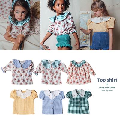 China 2021 spring summer babies QUICK DRY children's shirt plaid shirt with sleeves and bubble flower lapels for sale