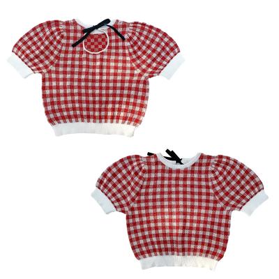 China 2021 New Girls Plaid Short Sleeve Summer Short Blouse QUICK DRY Baby Bubble Sleeve Sweater Thin Sweater for sale