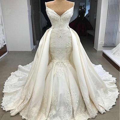 China Luxury Satin Viable V-Neckline Mermaid Trumpet Wedding Dress With Detachable Train for sale