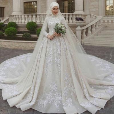 China Modest Muslim Wedding Dresses High Neck Lace Sequins Dry Cleaning Bead A Line Country Wedding Dress With Veil Custom-made Vestidos De Novia for sale