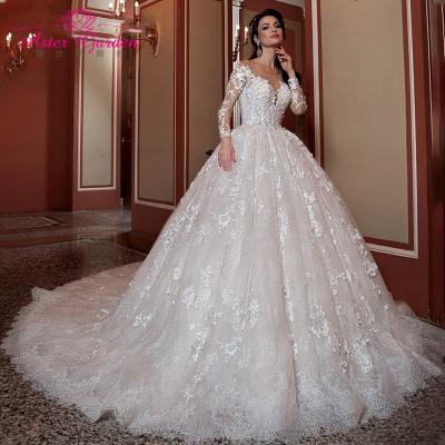 China Elegant Dry Cleaning Aster Garden Lace Ball Gown Wedding Dress 2021 Long Sleeve Beaded Appliques Button Princess Bridal Gown Vestido De Noiva for sale