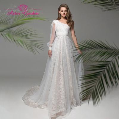 China Dry Cleaning Aster Garden Elegant Feathers Off The Shoulder Wedding Dress 2021 A-line One Puff Sleeve Lace Sashes Boho Wedding Dress Robe De Mariee for sale