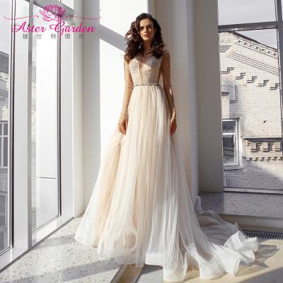 China Sparkle A Line Backless Crystal Bride Gown Vestido Noiva Long Sleeve Wedding Dress 2021 Wedding Dress Aster Elegant Illusion A-Neckline for sale