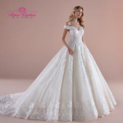 China 2021 Dry Cleaning Aster Garden Ball Gown Lace Wedding Dress Sweetheart Luxury Beaded Sexy Bride Dresses With Sleeves Princess Bridal Gowns for sale