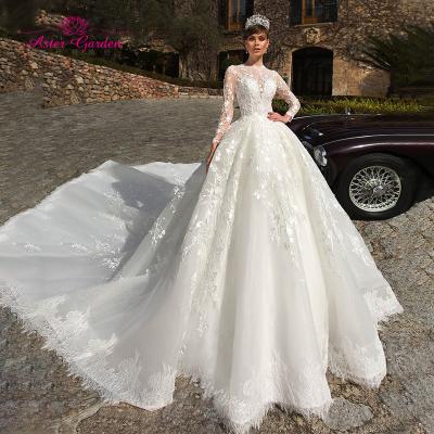 China Dry Cleaning Aster Garden Ball Gown Wedding Dress Long Sleeve O-Neck 2021 Beading Appliques Bride Lace Up Cathedral Princess Bridal Dress for sale