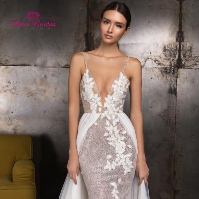 China Boho Dry Cleaning Aster Garden Mermaid Wedding Dress 2021 Sexy V-neckline Spaghetti Straps Lace Up Backless Beach Bride Dresses Vestido De Novia for sale