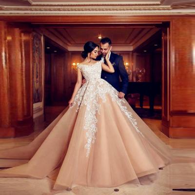 China Breathable 2021 Vestido de novia Off Shoulder Dubai Ball Gown Wedding Dresses Applique Lace Up Saudi Arabic Bridal Gowns Tulle Bridal Gowns for sale