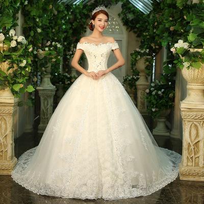 China Breathable Custom Made Korean Beading Wedding Dresses Long Tail Lace Off-Shoulder Wedding Dresses for sale