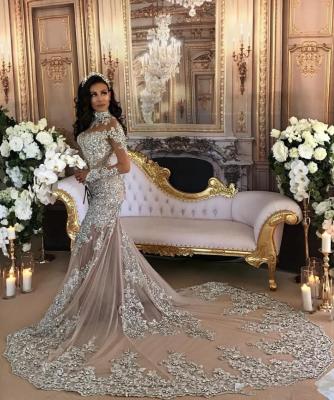 China Anti-Static Silver Luxury African Fish Tail Long Sleeve Mermaid Wedding Dresses Bridal Lace Wedding Dress for sale