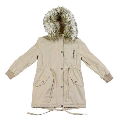 China Factory direct new design Anti-wrinkle khaki parka with adjustable faux fur hood waist kids girl clothes for sale