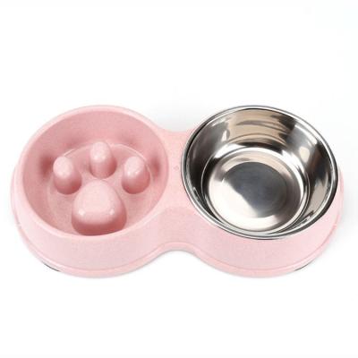 China Detachable Sustainable Pet Plastic Bowl for Cats and Dogs Slow Feeding Dog Bowl Puppy Supplies Stainless Steel 2 in 1 Slow Feeding Bowl for sale