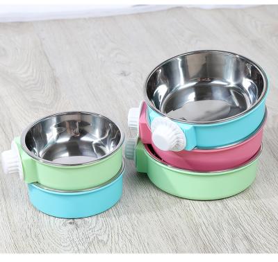 China Newest Design 2021 Sustainable Pet Bowl Hanging Cat Water Fountain Stainless Steel Dog Feeding Bowl 2 in 1 Slow Feeding Bowl for sale