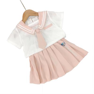 China Fashion Lovely Leisure Nylon/Cotton Girls' Suit New Summer Style Pleated Skirt Children's Two-piece Set Sweet Jacket for sale