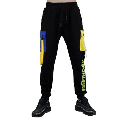 China Hot Selling Anti-wrinkle Contrast Color Pockets Ribbon Weaving Stitched Letter Pattern Cargo Pants High Quality Unisex Plus Size Mens Trousers for sale