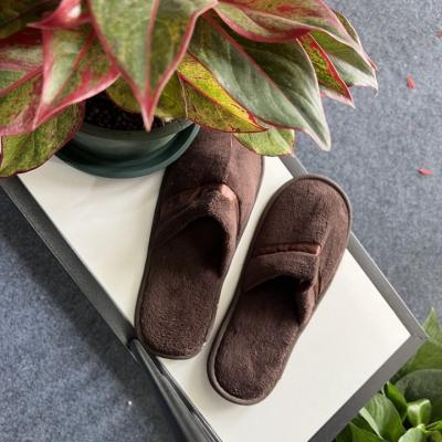 China Custom Disposable Hotel Slippers Logo Coffee Ribbon Coral Velvet Disposable Wedding Slippers for Guests for sale