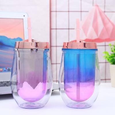 China Factory Outdoor Customized 12oz Double Wall Plastic Wine Tumbler Coffee Mug With Straw for sale