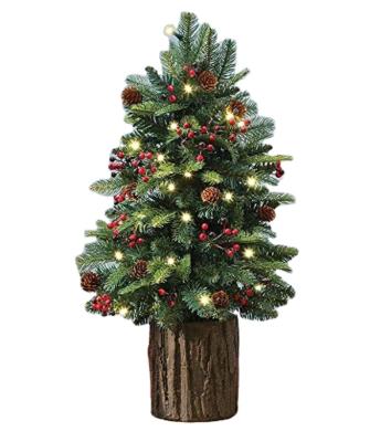 China Mixed Chirstmas PE PVC Red Berry Cone Mini Christmas Tree With Wooden Stand for sale