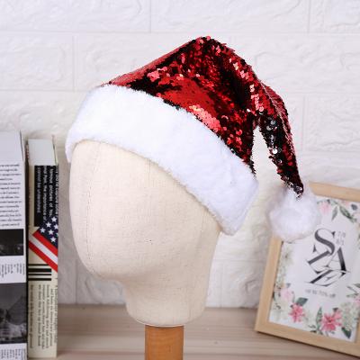 China Xmas Decoration Glitter Santa Hat Plush Red Short Christmas Party Hat for sale